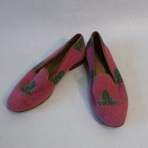 Womens Stubbs & Wootton Pink Green Rare Frog Needlepoint Loafer Flat Shoes 9